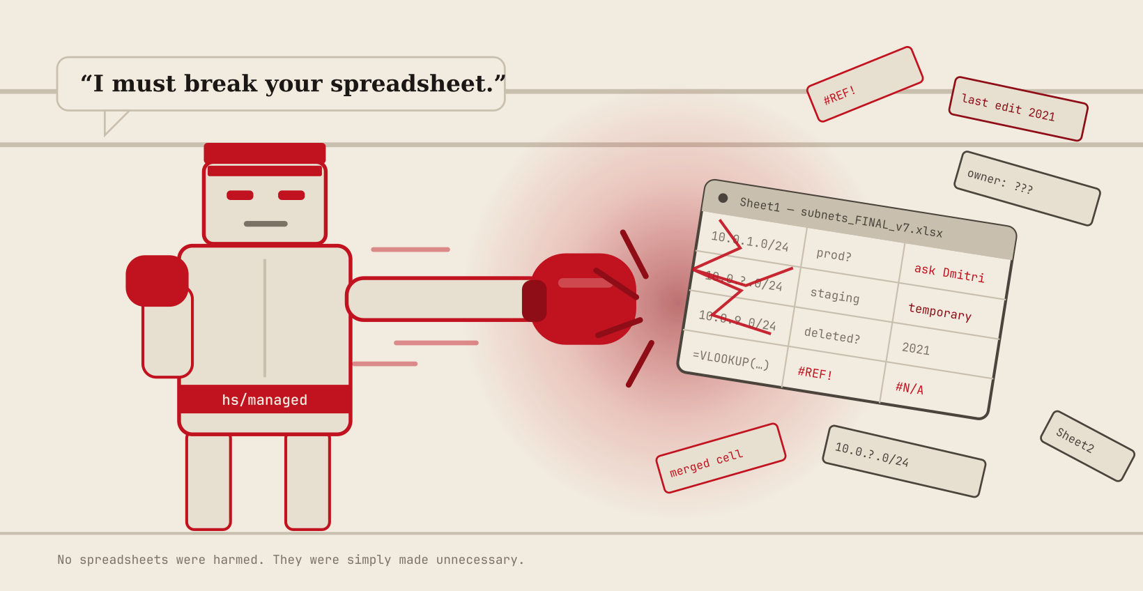A heavy blocky boxer lands a punch on a spreadsheet, which shatters into flying cells full of broken formulas and half-remembered CIDR blocks, under the line I must break your spreadsheet